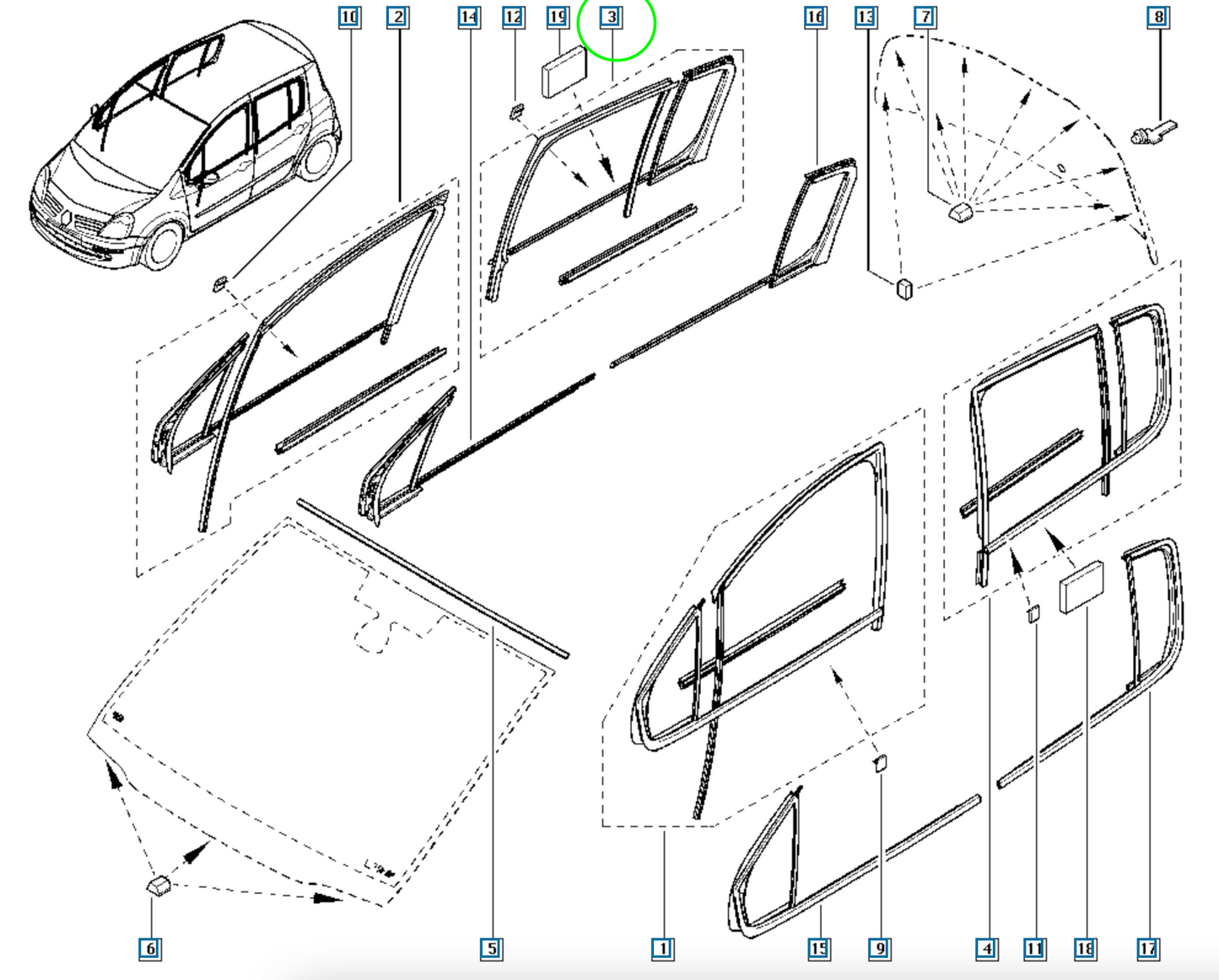 Pièce d'origine Kit de joints de vitre arrière pour Renault Modus 7701208321