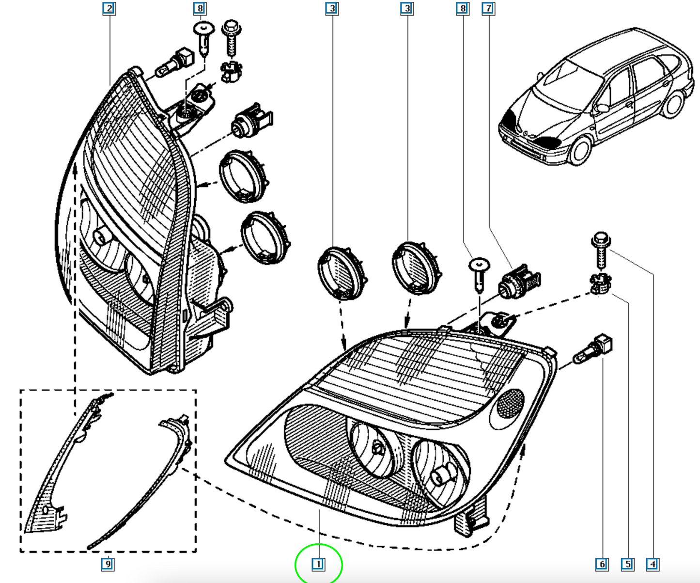Pièce d'origine Phare gauche pour Renault Scenic I phase 2 7701047604