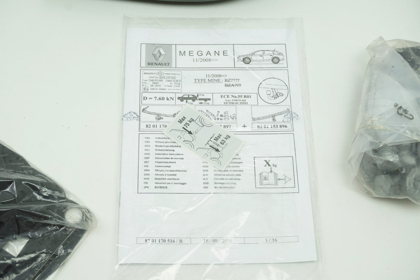 Pièce d'origine Kit de montage d'attelage pour Renault Megane III 8201153897