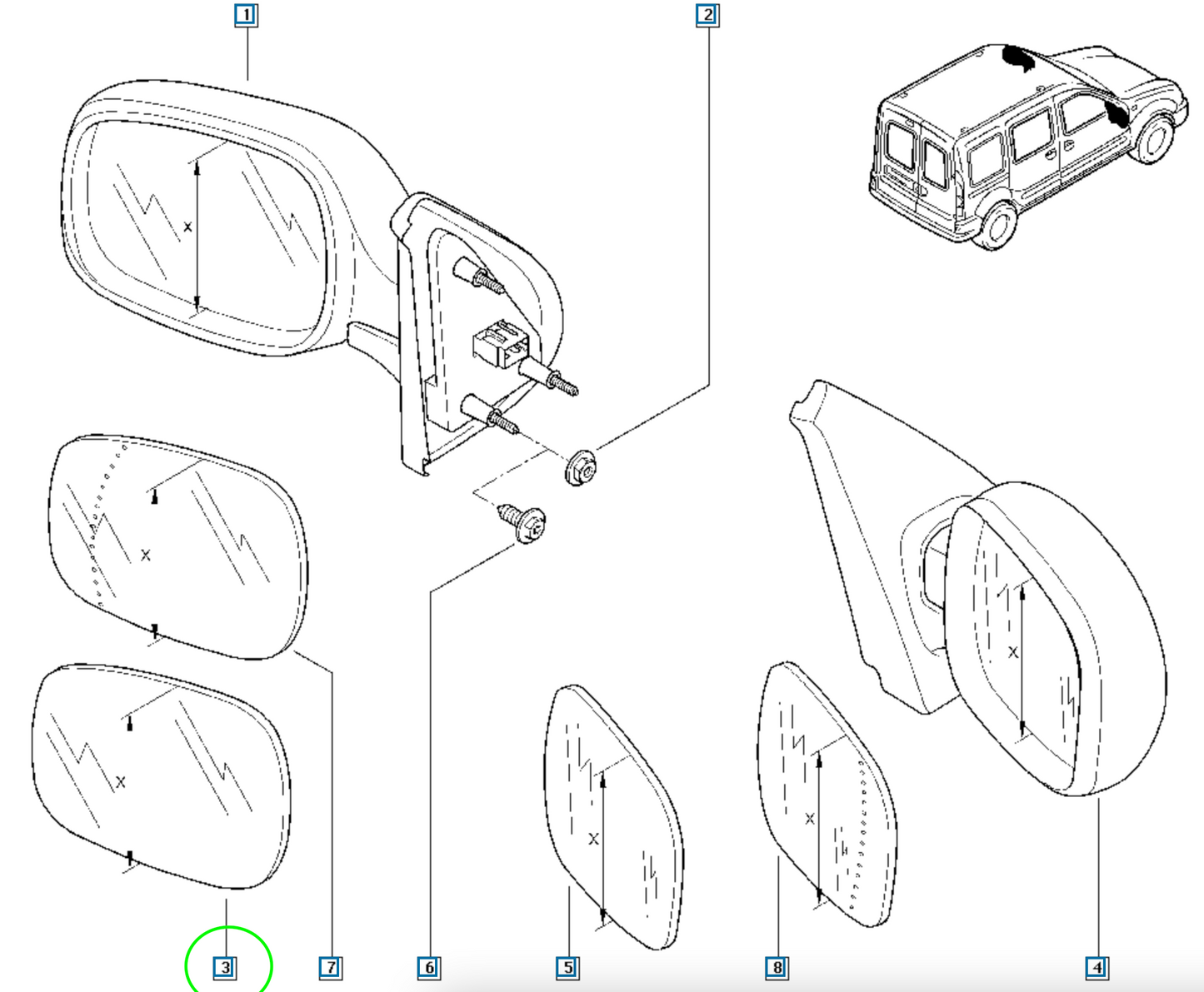 Pièce d'origine Verre de rétroviseur gauche pour Renault Kangoo I 7701044084