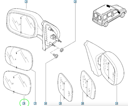 Pièce d'origine Verre de rétroviseur gauche pour Renault Kangoo I 7701044084