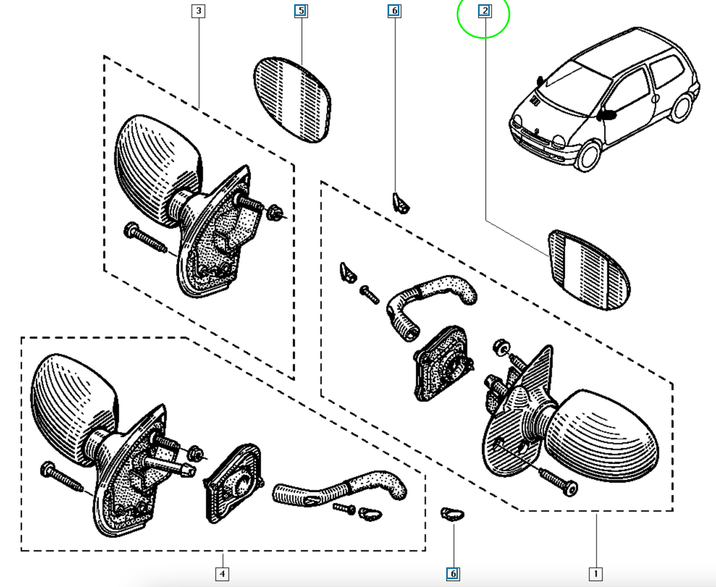 Pièce d'origine Verre de rétroviseur droit pour Renault Twingo I 7701036389