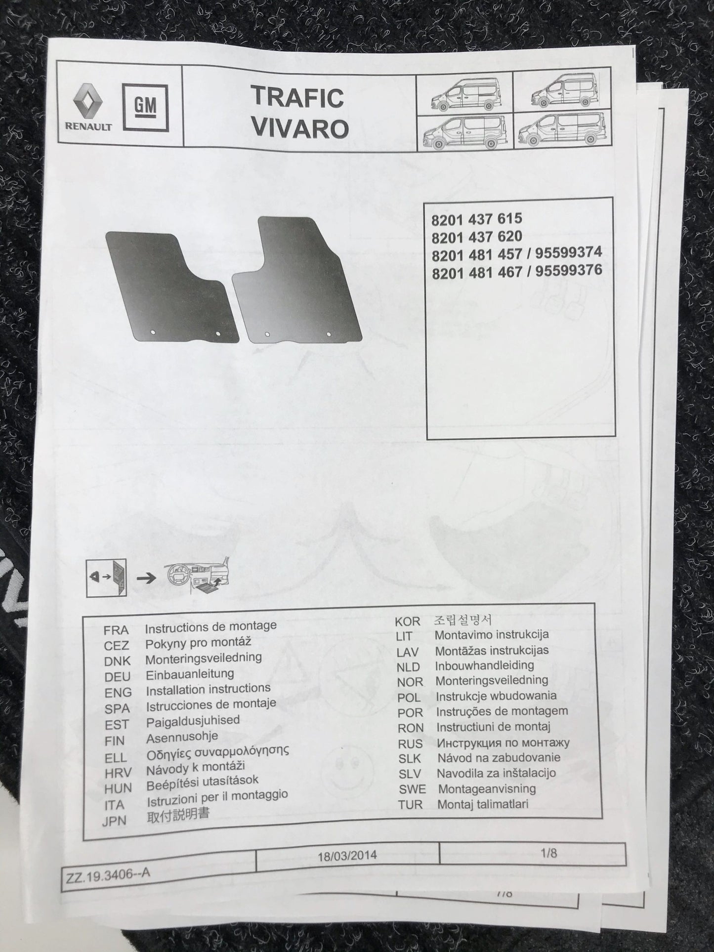 Pièce d'origine Jeu de tapis de sol pour Opel Vivaro GM 95599374