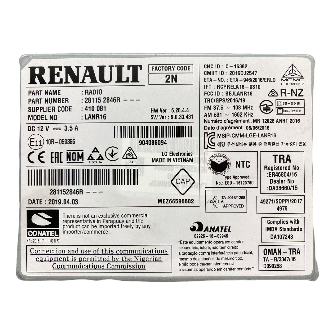 Pièce d'origine Autoradio GPS R-Link 2 pour Renault Kadjar 281152846R