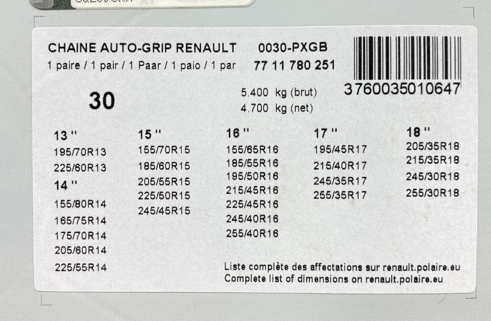 Pièce d'origine Chaînes à neige automatiques Polaire pour Renault 0030-PXGB