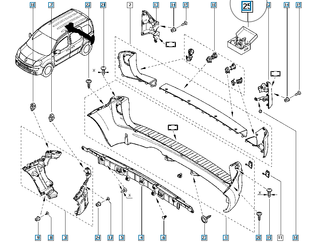 Pièce d'origine Kit de clips de pare-chocs arrière pour Renault Kangoo II 600350687R