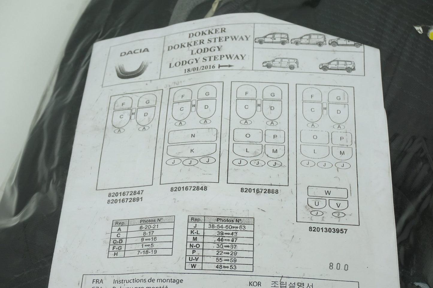 Pièce d'origine Housses de siège pour Dacia Dokker Lodgy Stepway 8201672848