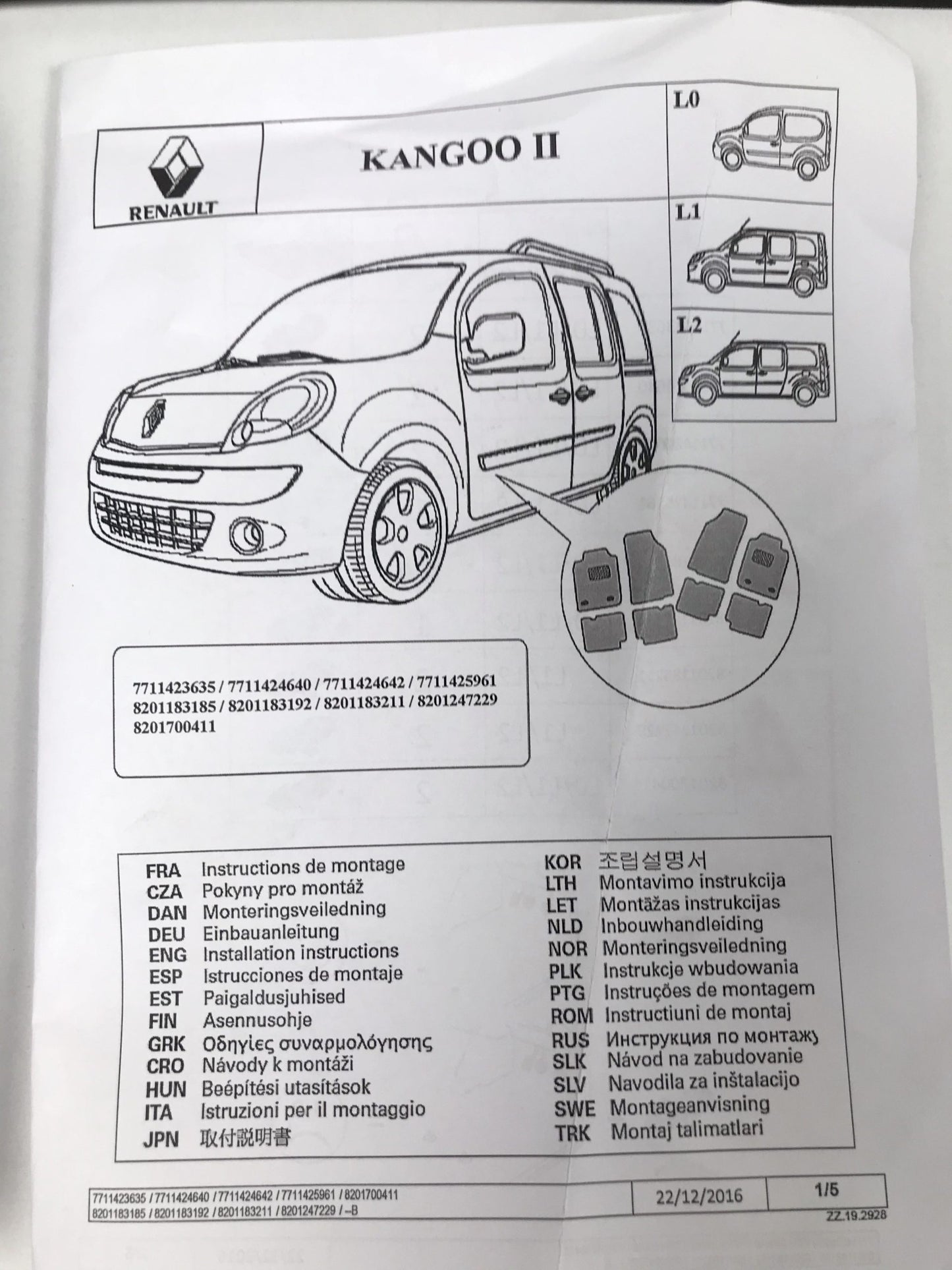 Pièce d'origine Jeu de tapis de sol en caoutchouc conduite à droite pour Renault Kangoo II 8201700411