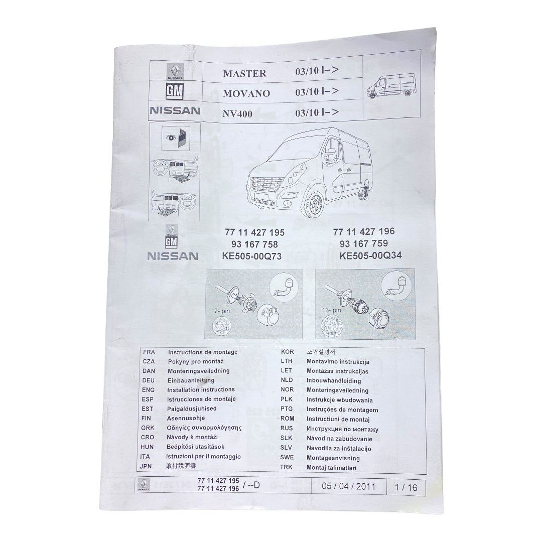 Pièce d'origine Faisceau d'attelage 13 broches pour Renault Master III Opel Movano B Nissan NV400 7711427196