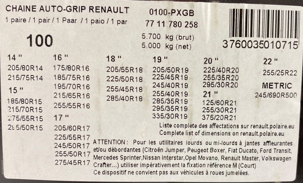 Pièce d'origine Chaînes neige Polaire Grip 100 PXGB 7711780258
