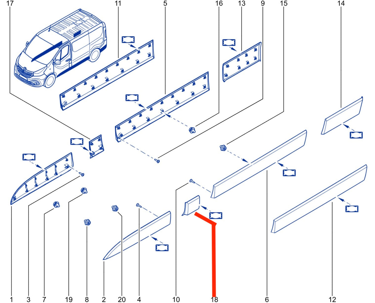 Pièce d’origine — Baguette latérale gauche Renault Trafic III / IV – 798194839R – Neuve OE